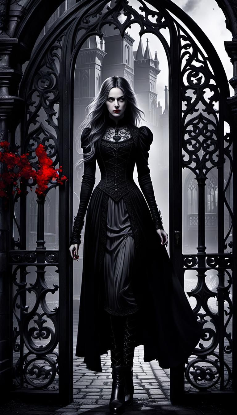 Dark Fantasy Girl at Gothic Manor Gate