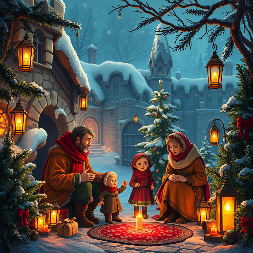 Magical Christmas Family Scene in Fantasy Style