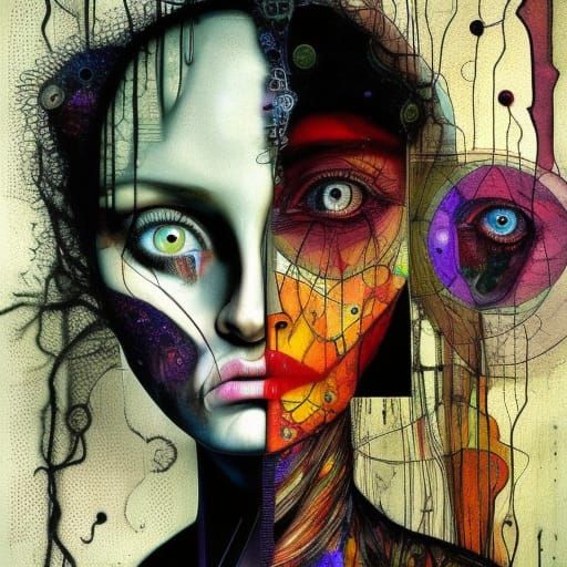 Intricate Portrait with Purple Eyes in Maximalist Style