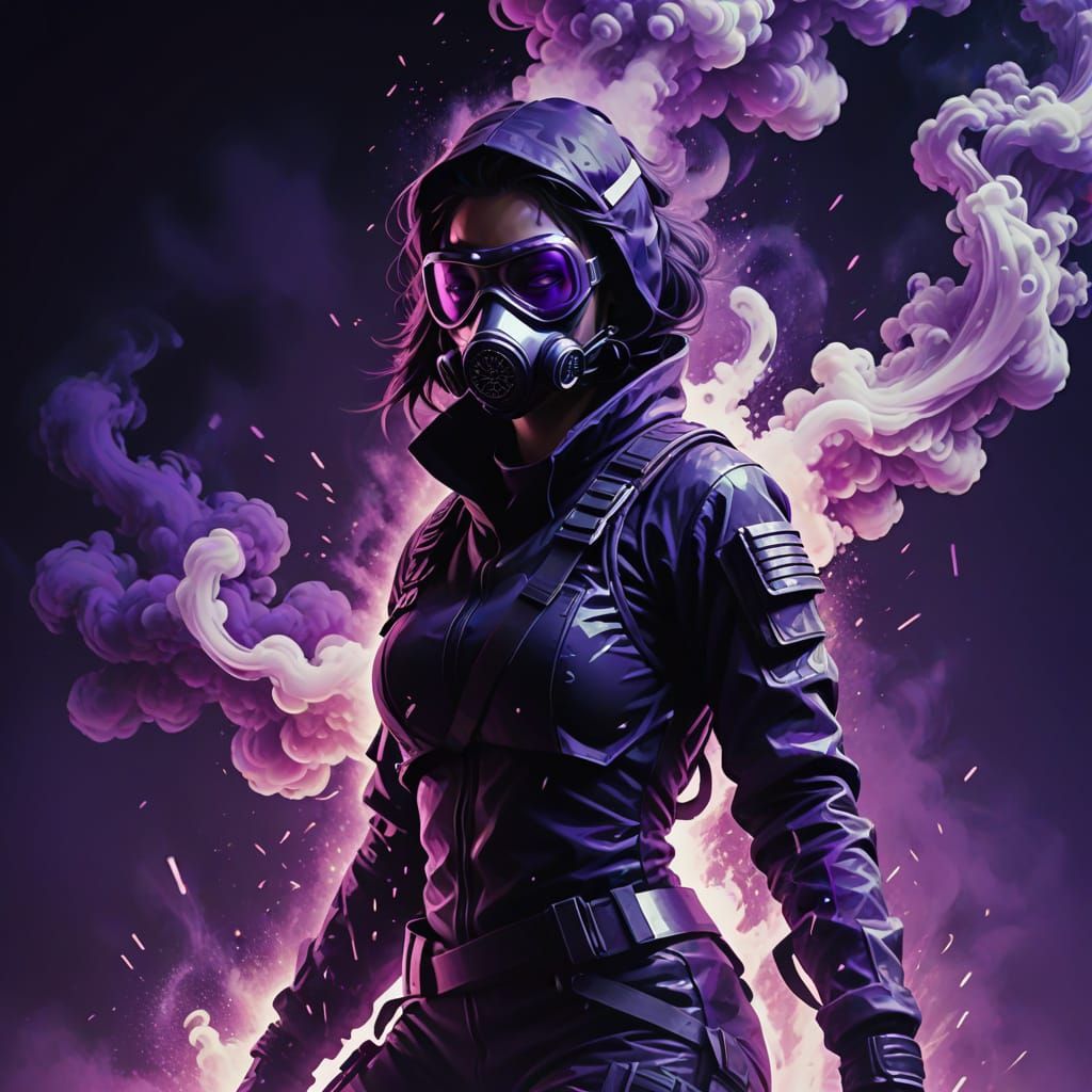 Female Ninja Dissolving into Geometric Smoke Cloud
