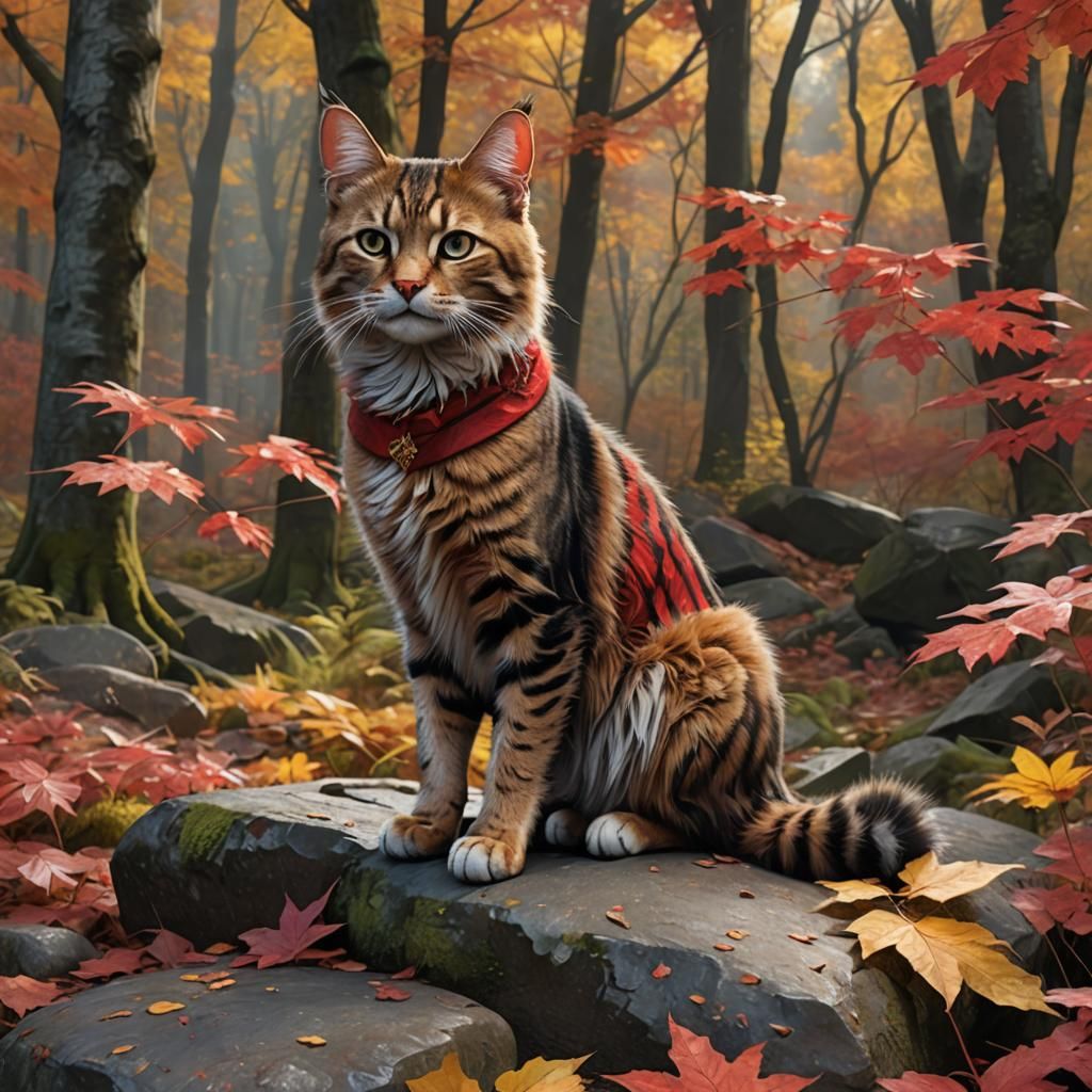 Russet Tabby Cat in Autumn Forest, Detailed Matte Painting