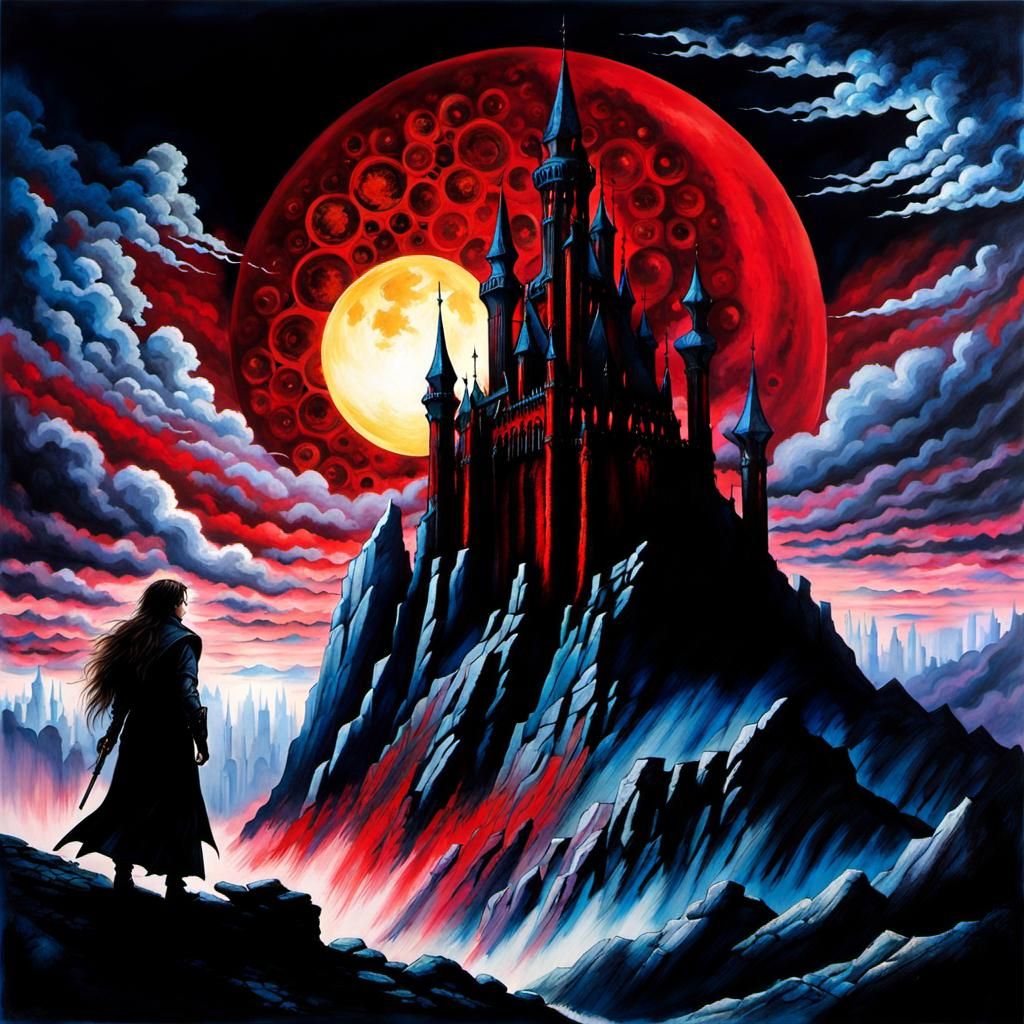 Crystal Spires Under Blood Moon in Mixed Media Style