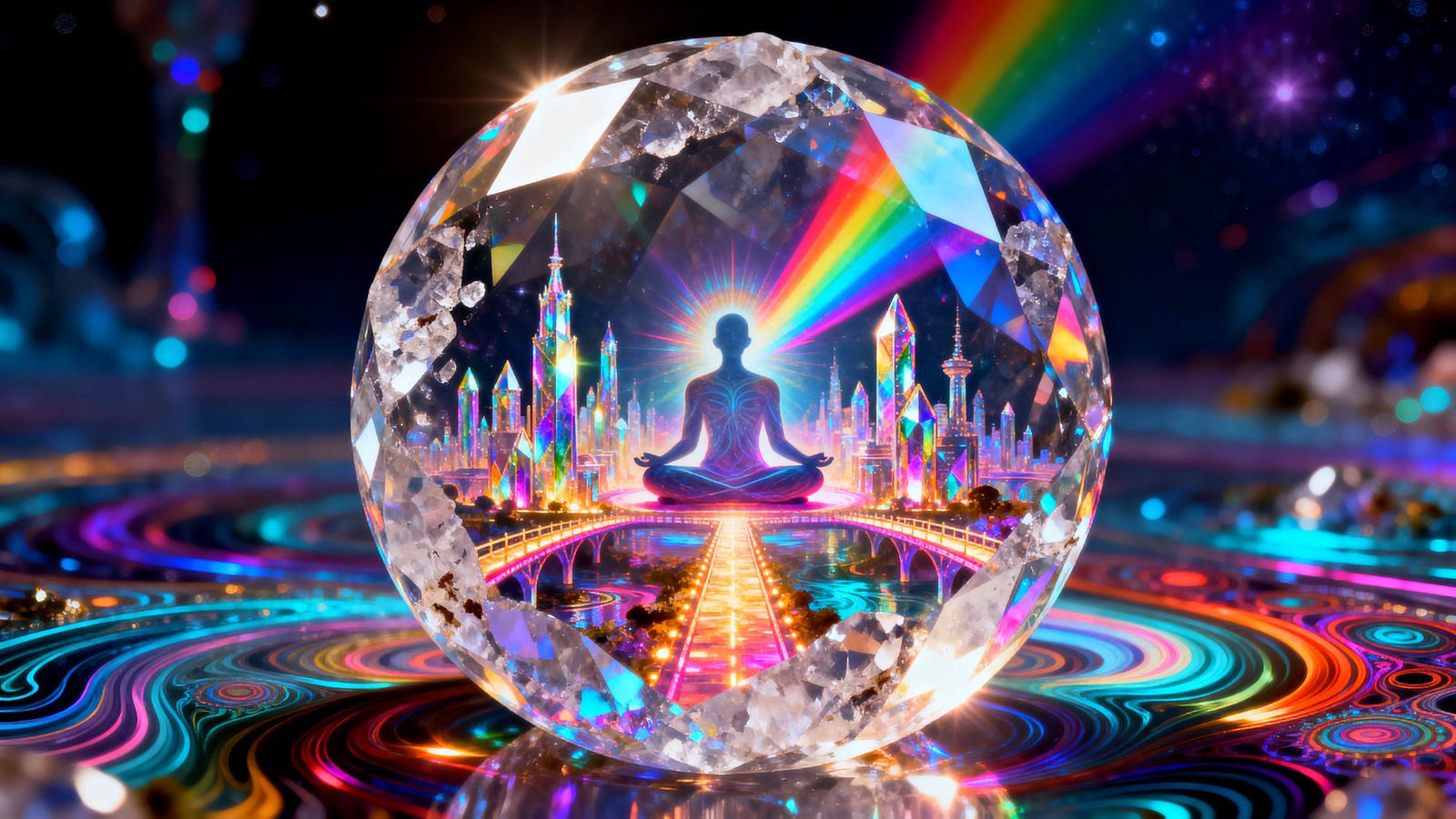 Enchanted Crystal City with Meditative Figure