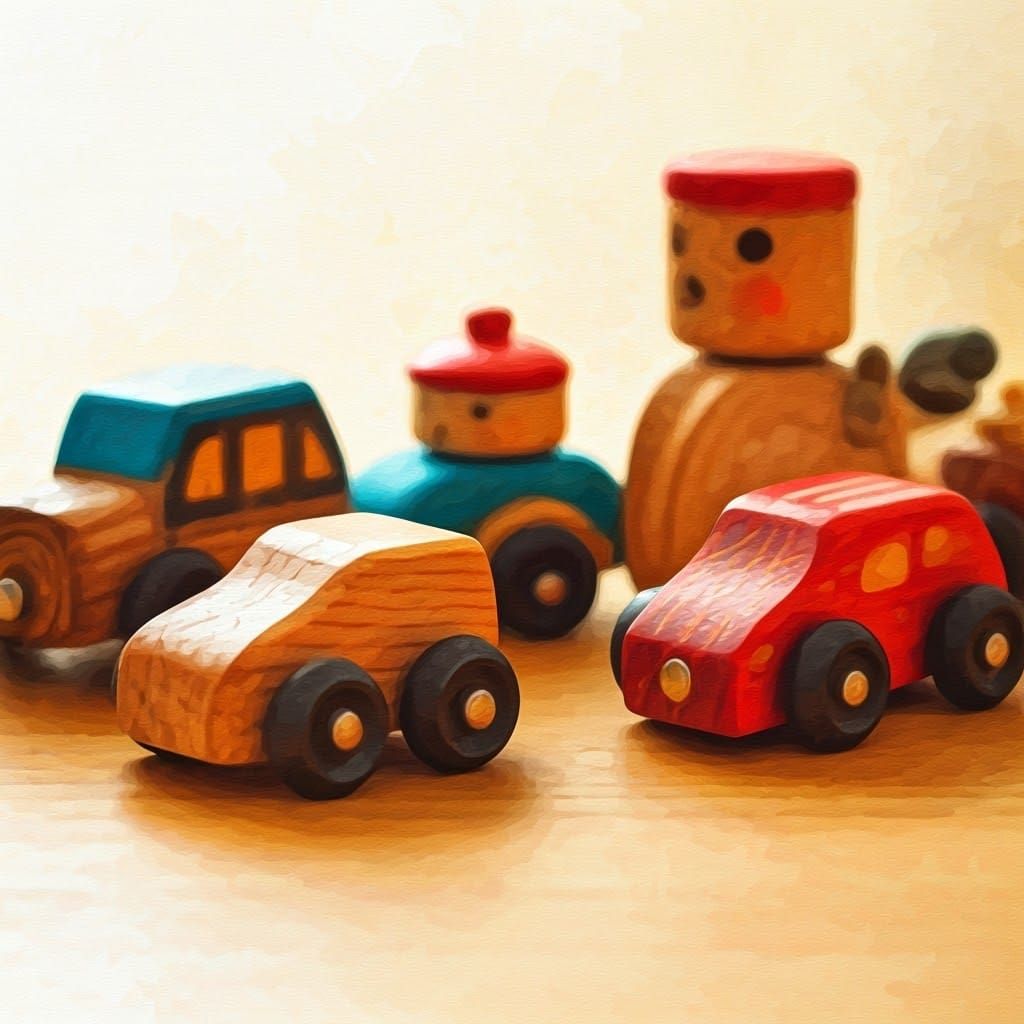 Whimsical Wooden Toy Cars in Gouache Style