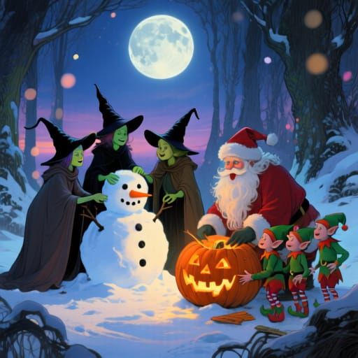Witches Build Snowman as Santa Carves Pumpkins