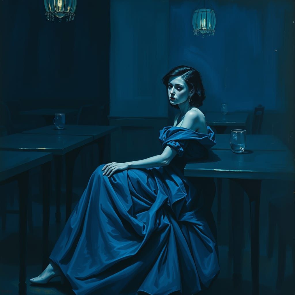 Melancholic Woman in a Somber Blue Dreamscape