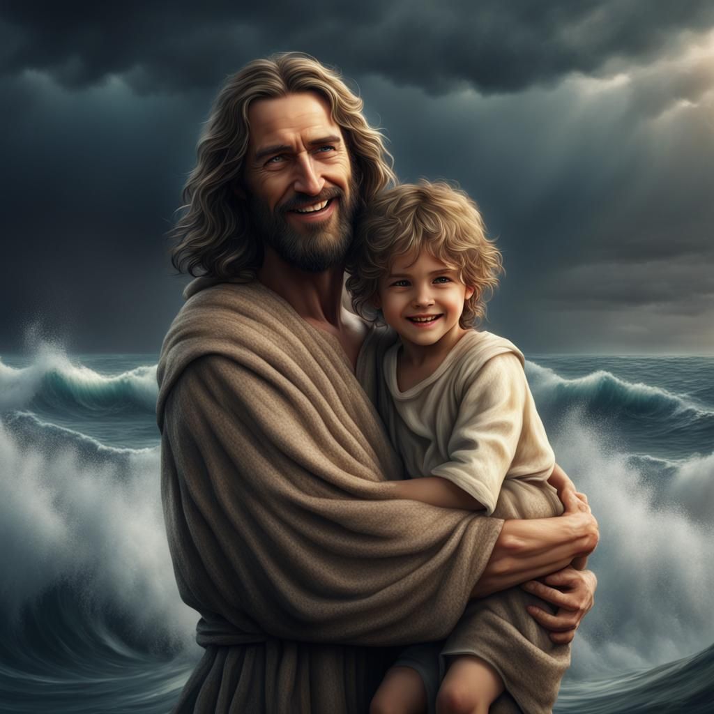 Jesus Hugs Child Amid Stormy Sea