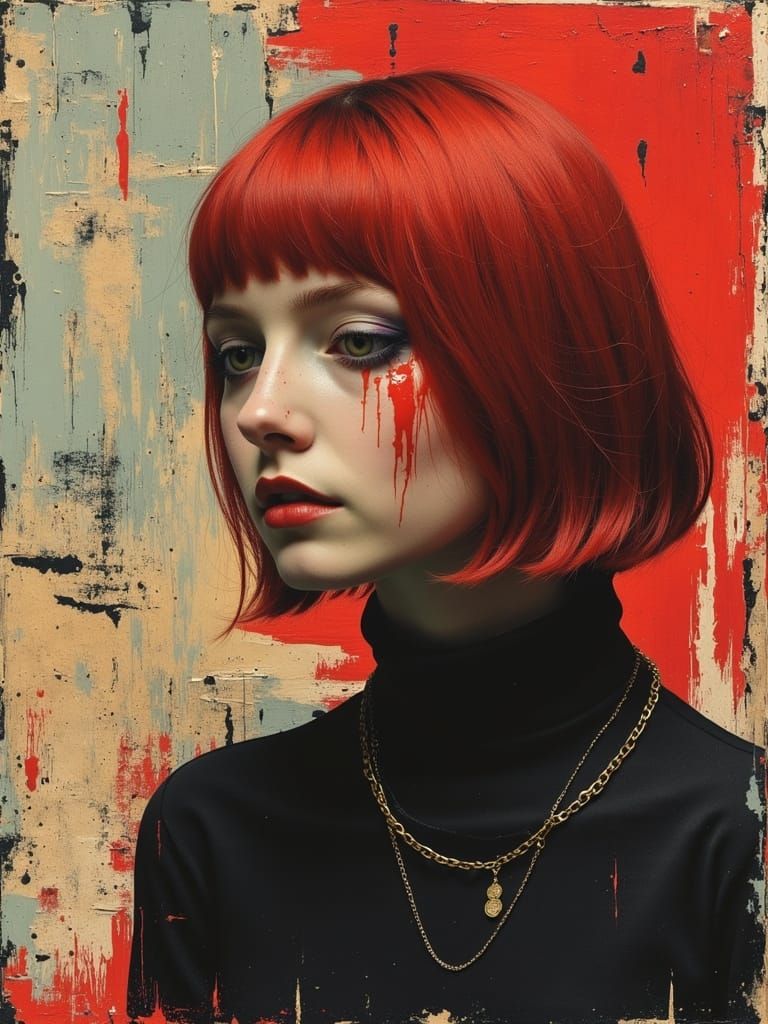 Gothic Woman in Grungy Pop Surrealist Oil Painting