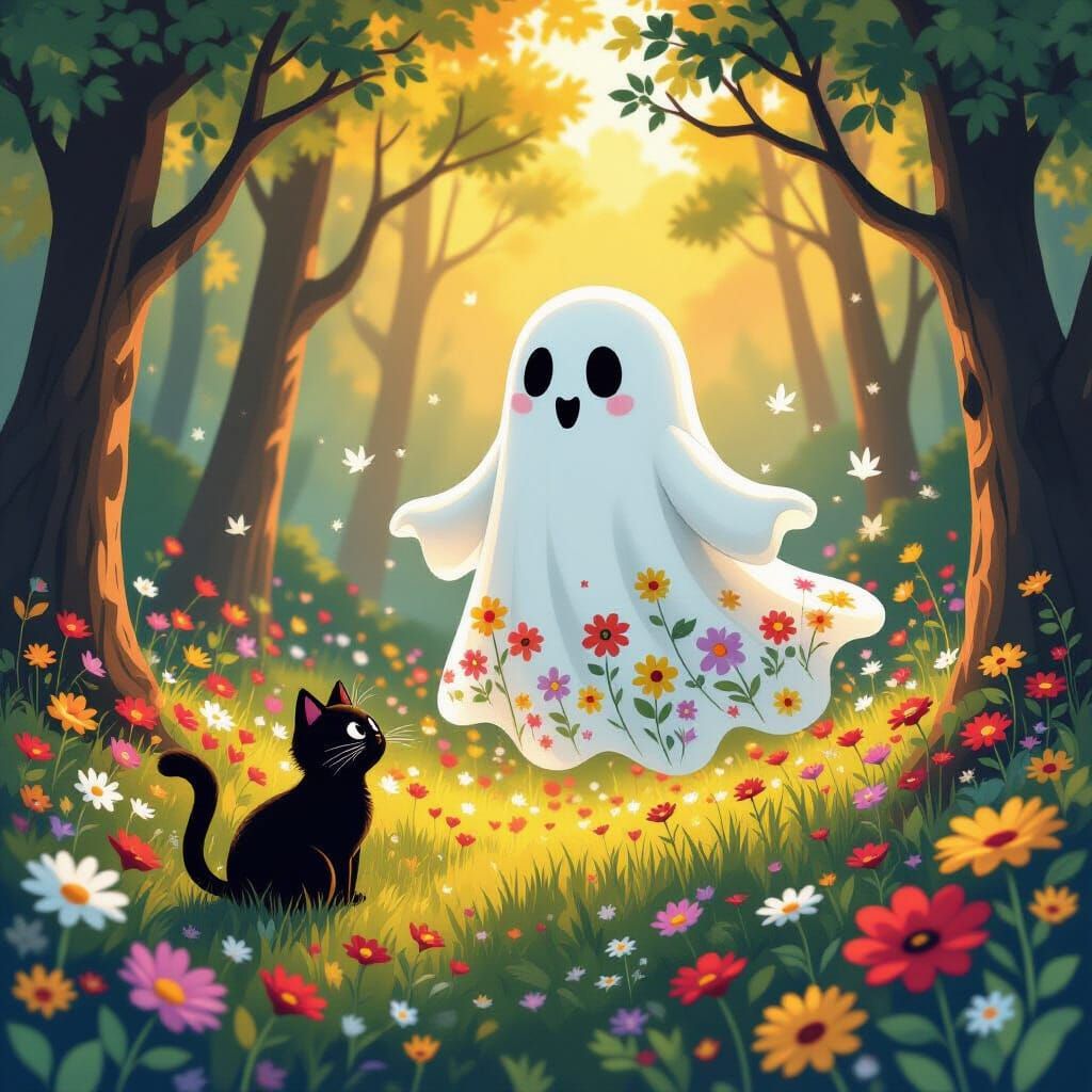 Whimsical Ghost and Cat in Enchanted Forest