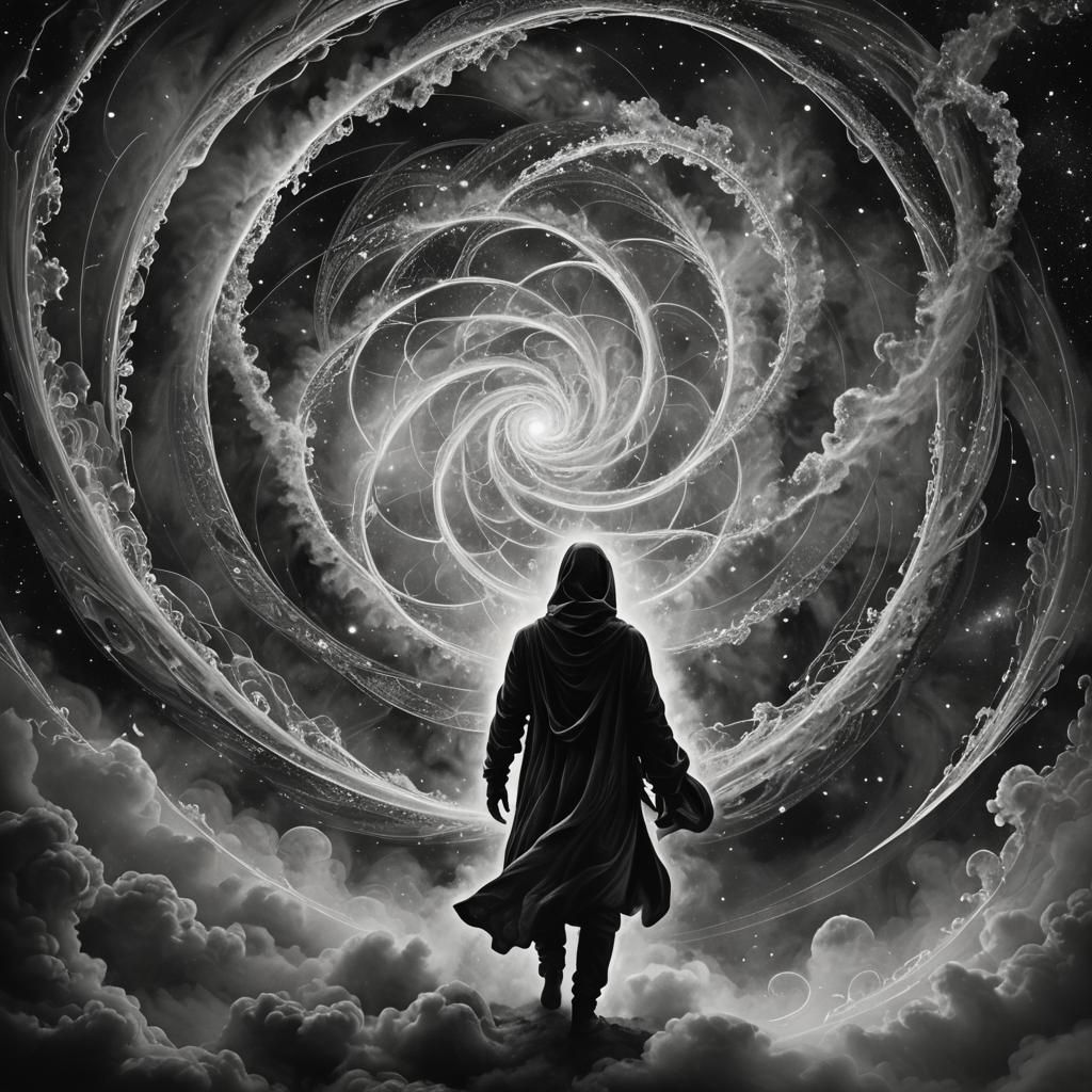 Monochrome Astral Figure in Cosmic Dreamscape