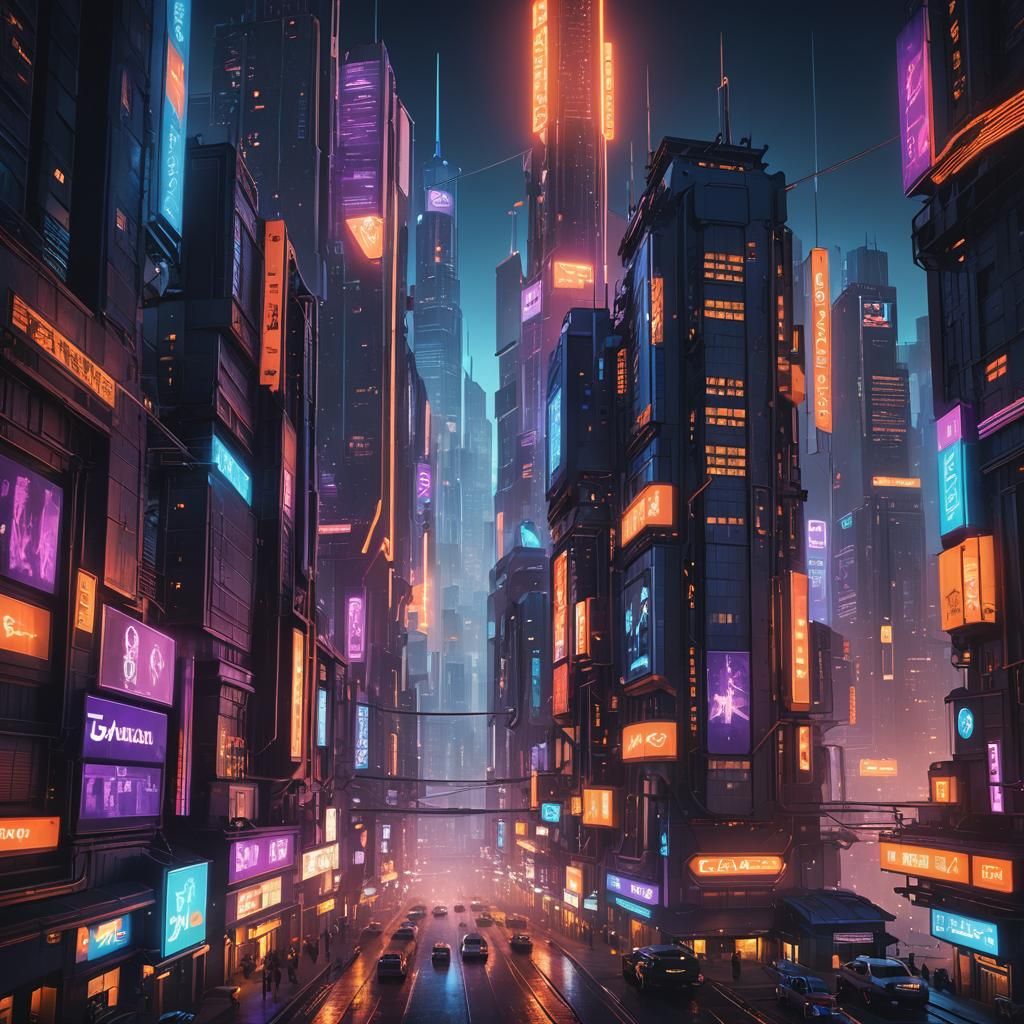 Futuristic Cityscape at Night in Cyberpunk Style