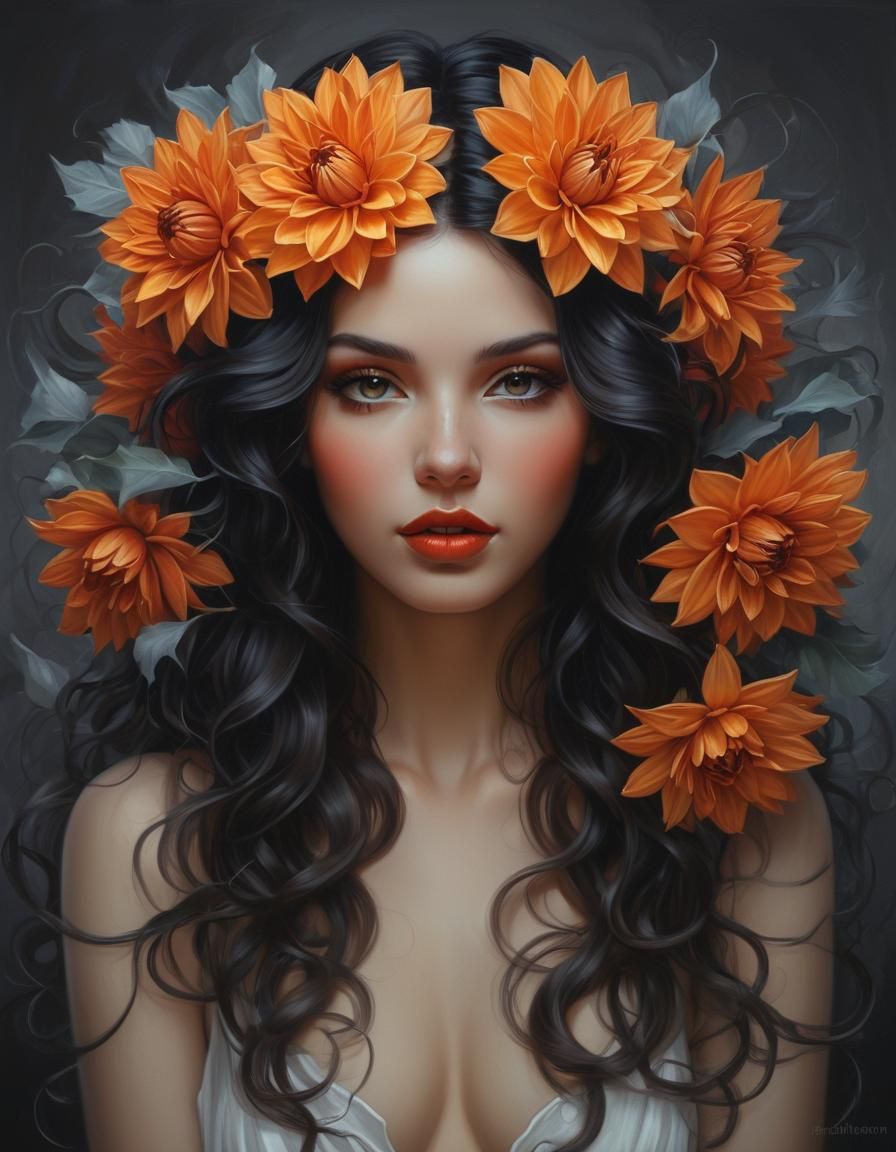 Goddess with Dahlias: Dark Fantasy Art
