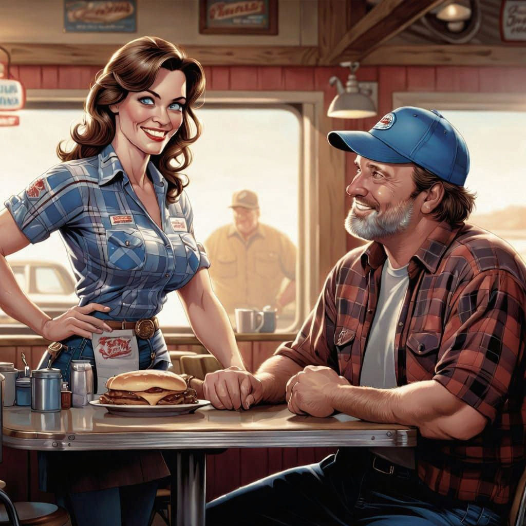 Waitress Chatting in Truck Stop Diner Comic Art