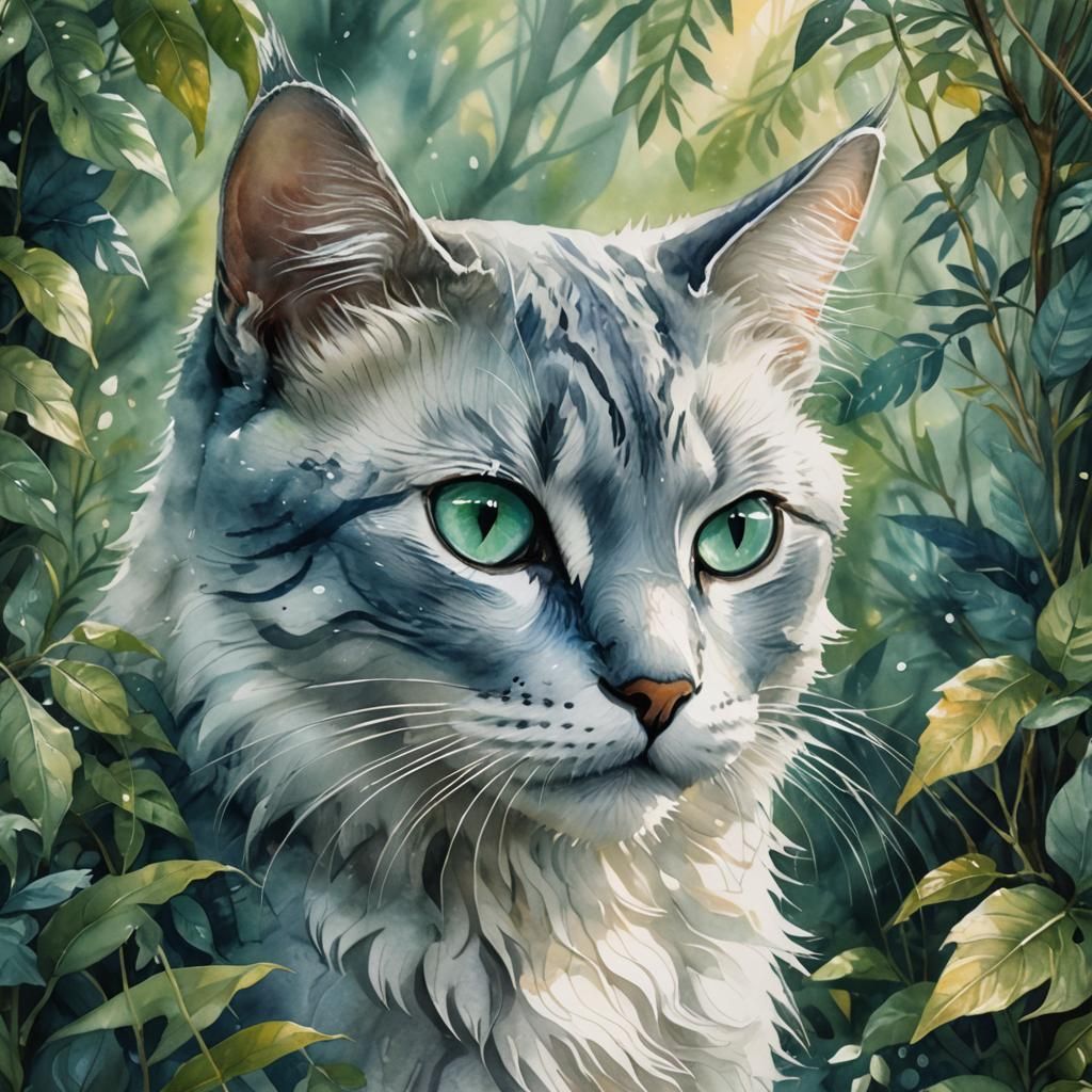 Silver Cat Portrait in Watercolor Style