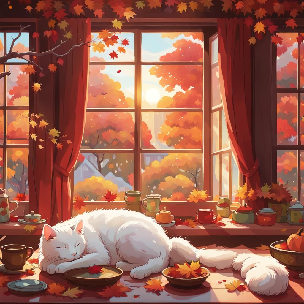 White Cat Sleeping: Studio Ghibli Anime Style