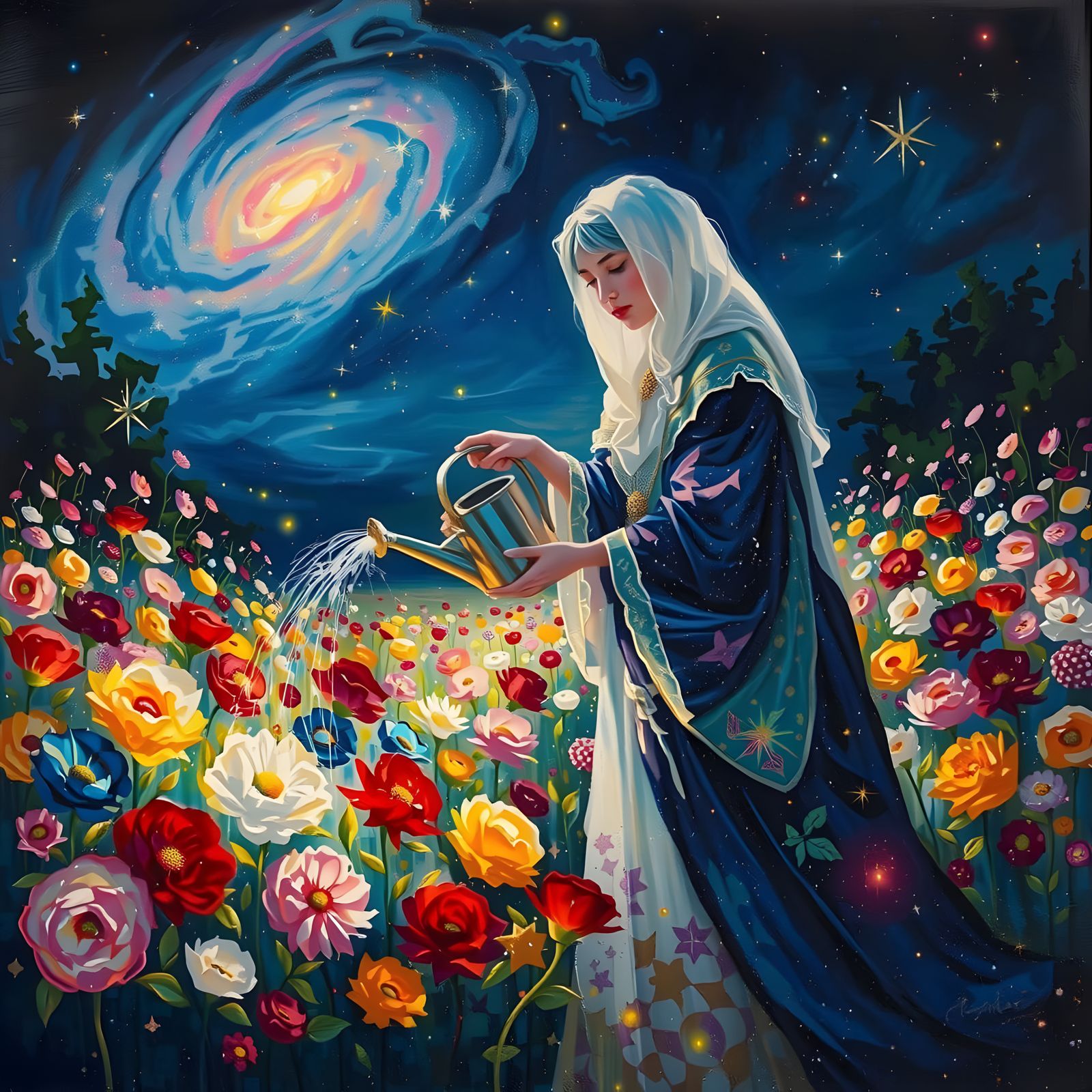 Celestial Gardener in a Cosmic Flower Garden