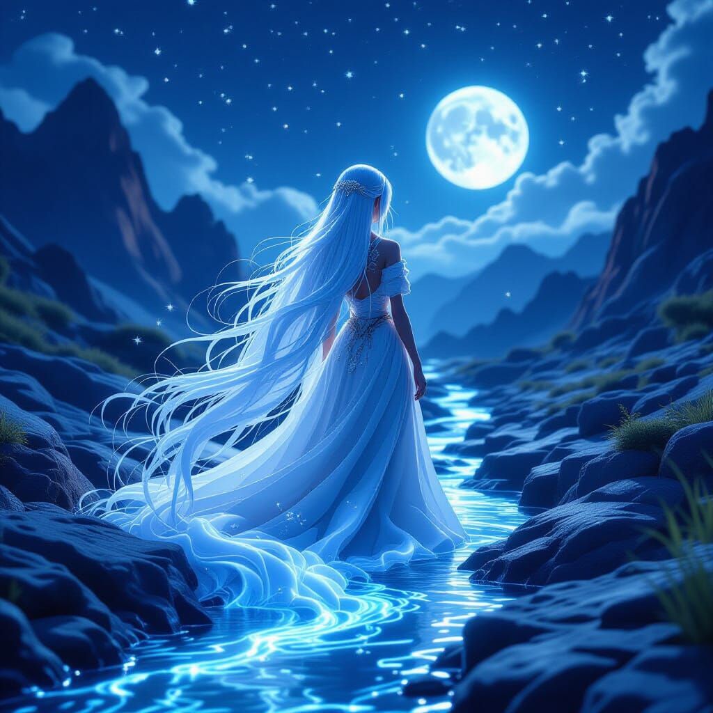 Moonlight River Hair Flows Over Mountains