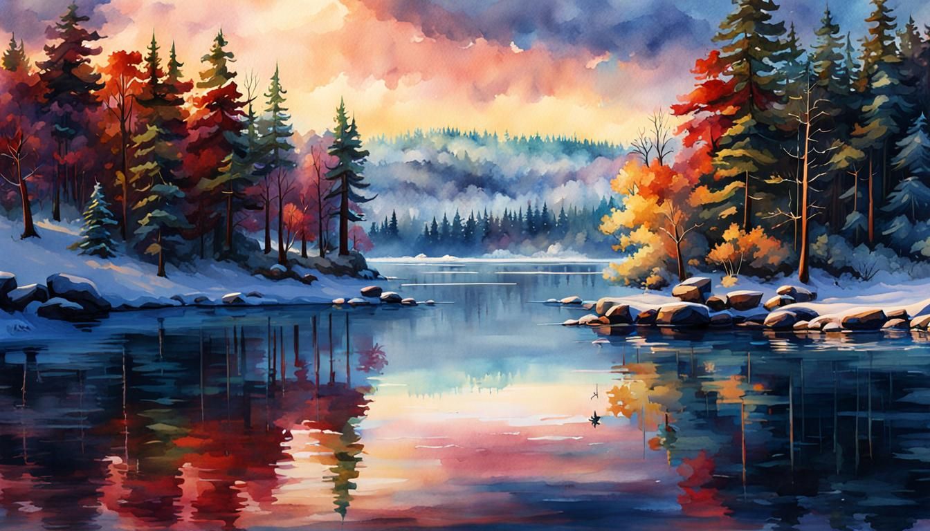 Winter on Lake Winnepesaukee, Watercolour Painting