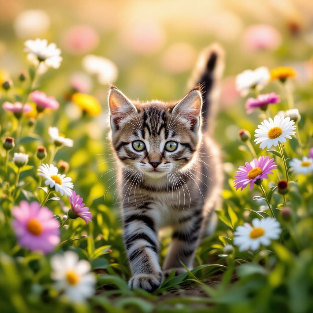 Kitten in Colorful Aster Field