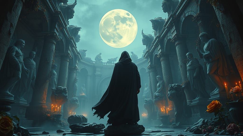 Decaying Moonlit Utopia with Cloaked Figure