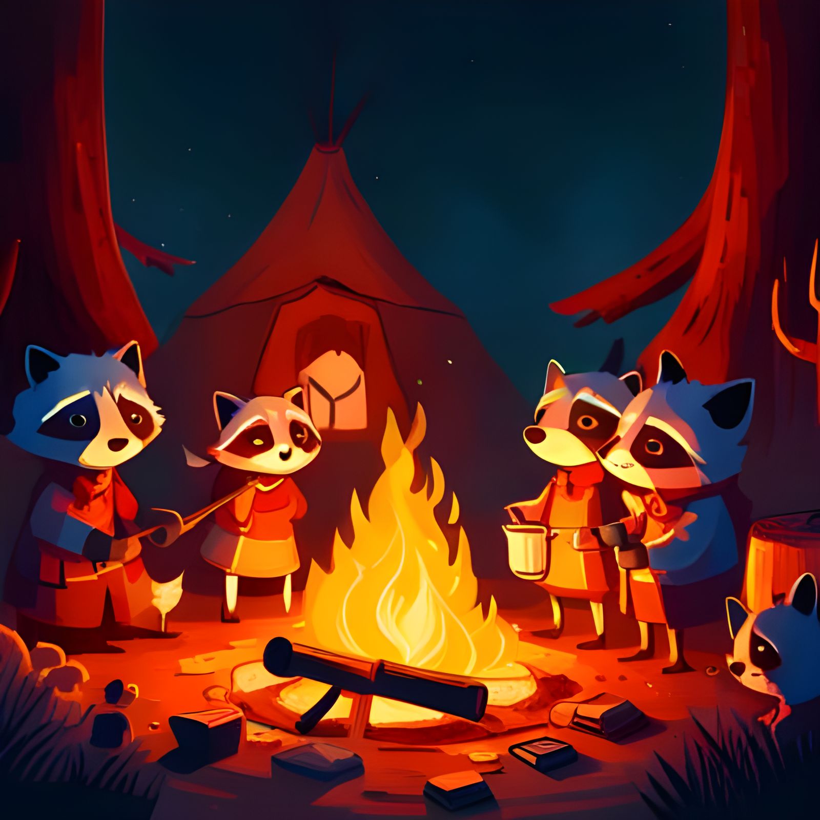 Cosy Racoon Family Reunion Digital Illustration