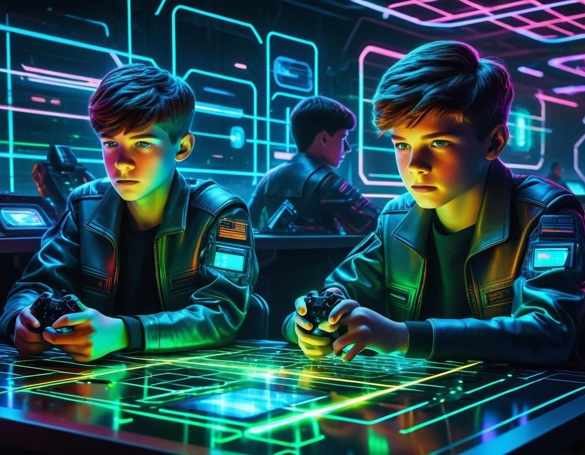 Boys Play Hologram Game in Sci-Fi Style
