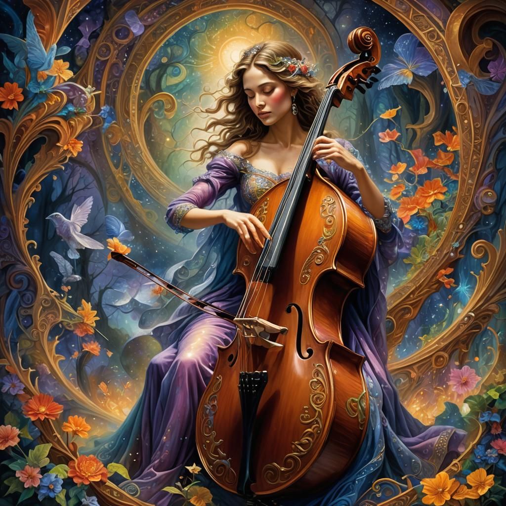 Woman Entwined with Double Bass: Airbrushed Fantasy Portrait