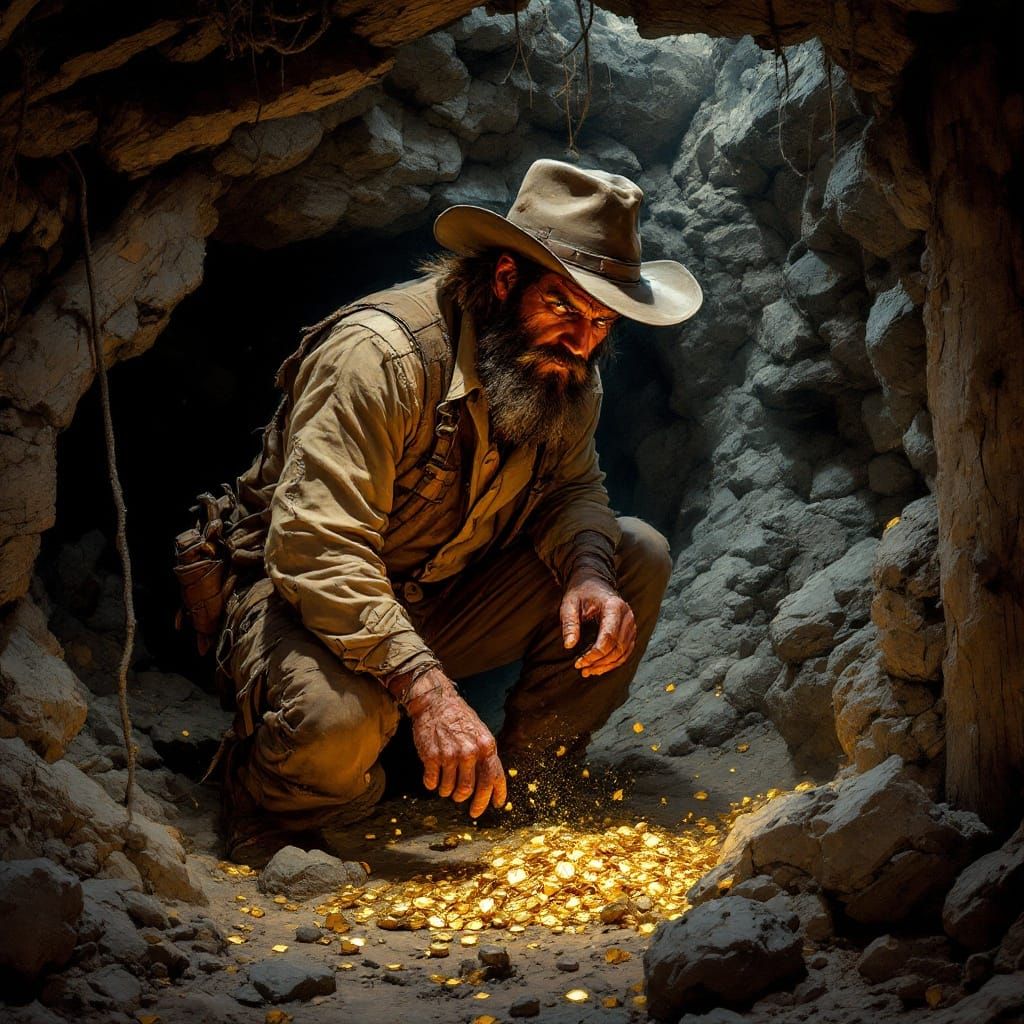 Weathered Prospector in Sunset Lit Mine