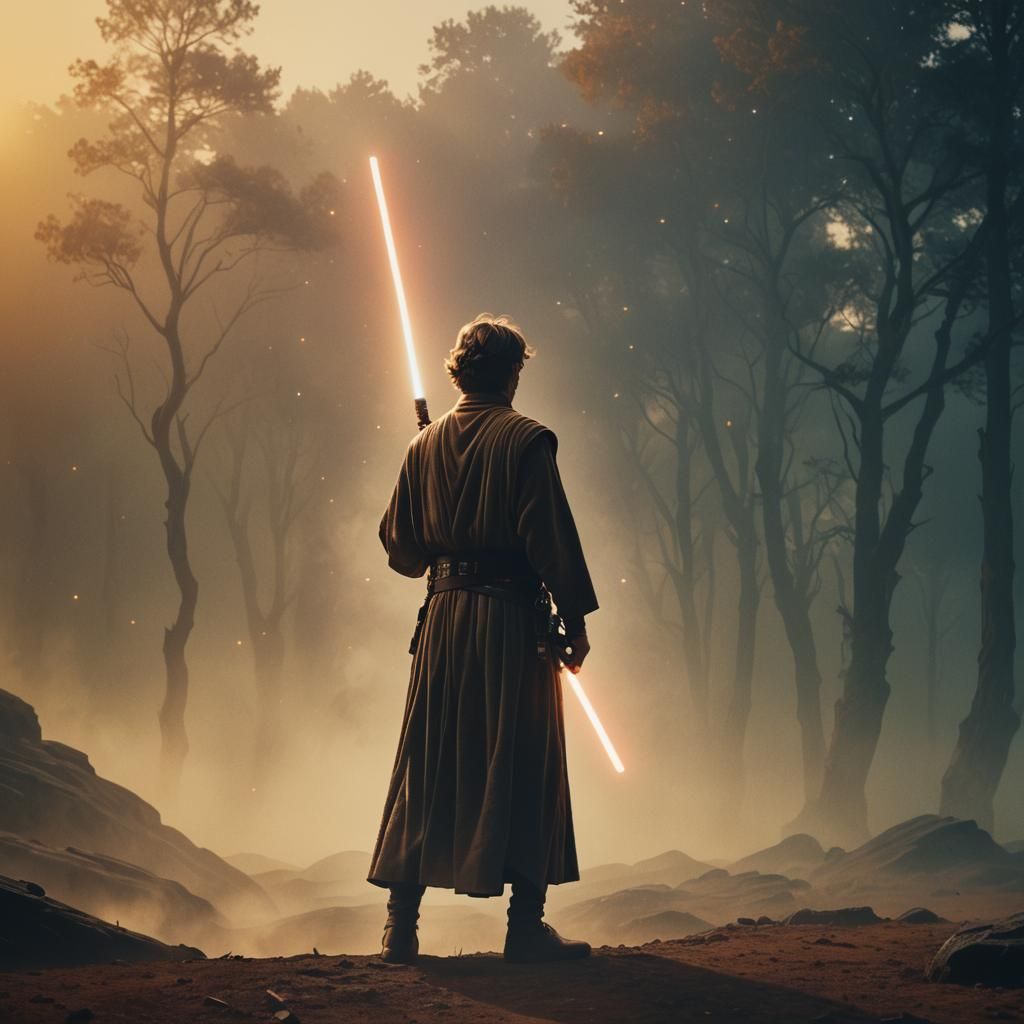 Epic Jedi Lightsaber Scene in Galactic Mist