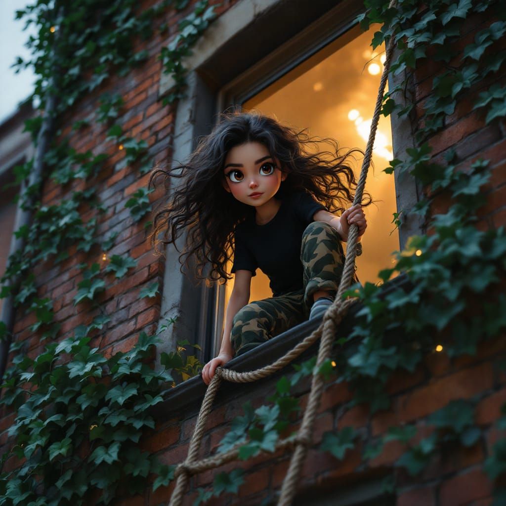 Chibi Woman Sneaks Out: Hyperrealism Oil Painting