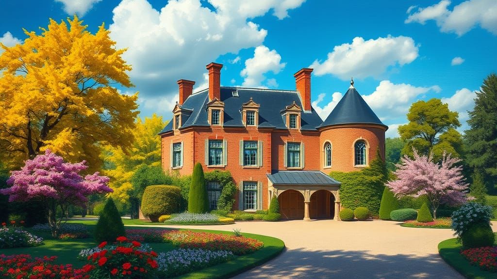 Grand Brick Chateau Surrounded by Vibrant Gardens