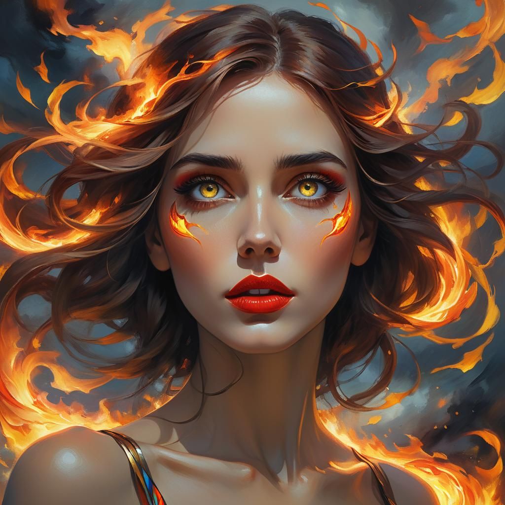 Fiery Woman Swirls as Detailed Fantasy Art