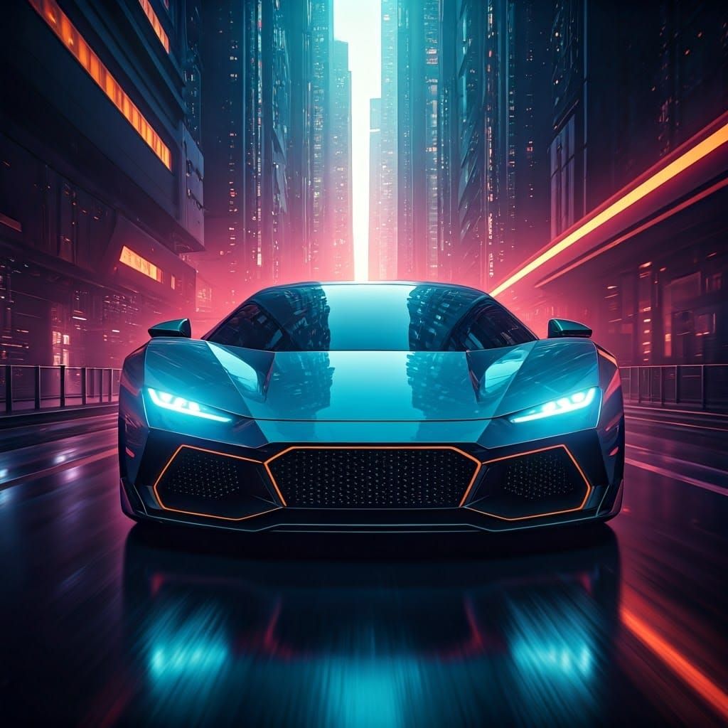Futuristic Supercar Speeds Through Neon Megacity