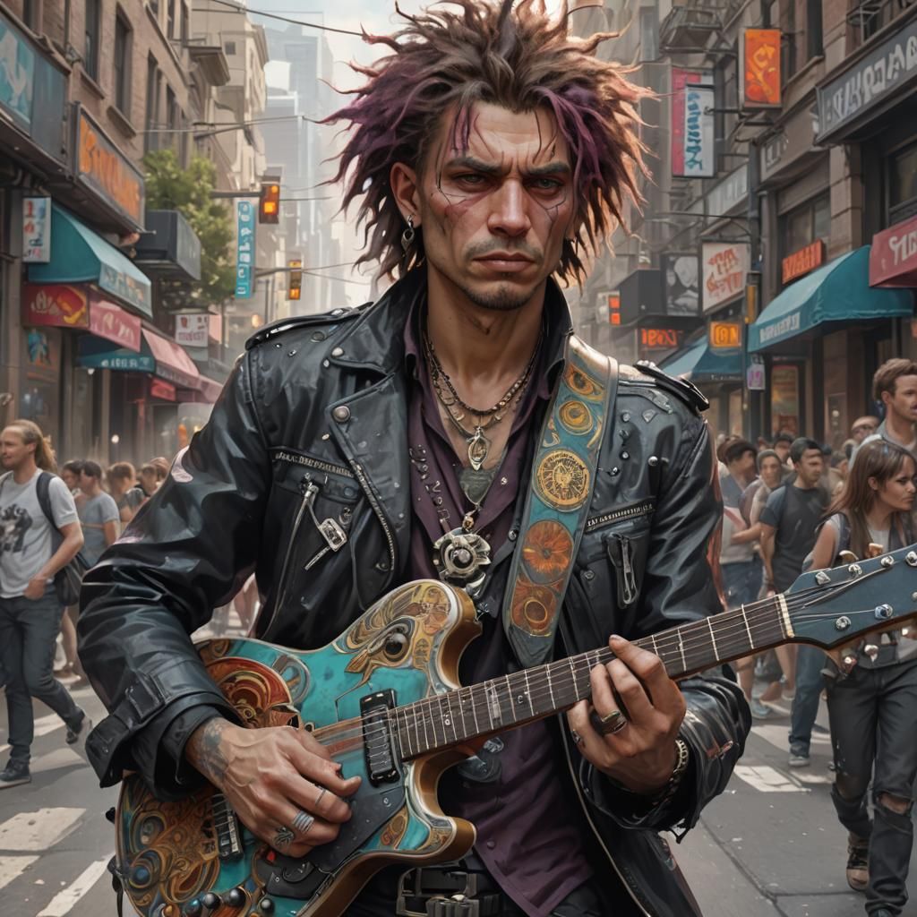 Punk Rocker Street Performance in Splash Art Style