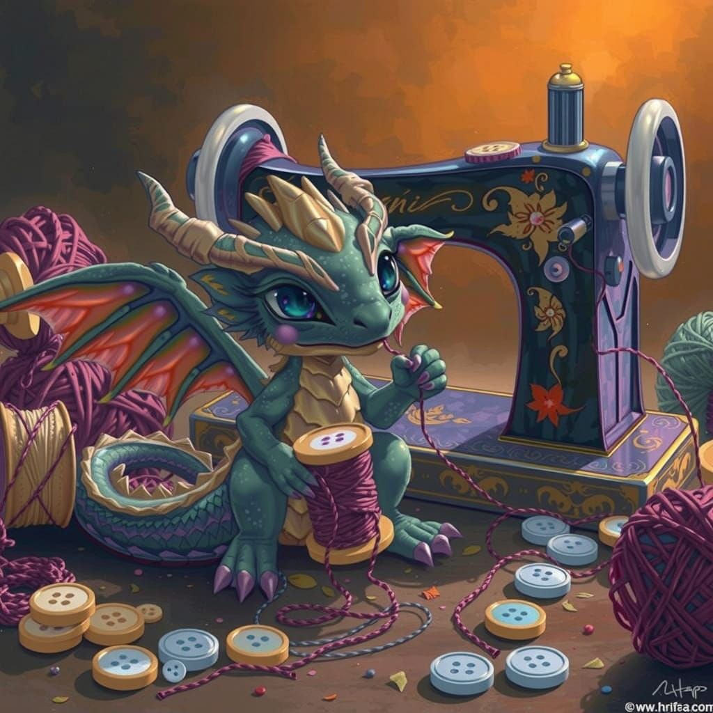 Whimsical Dragon Plays with Thread in a Hyperrealistic Scene
