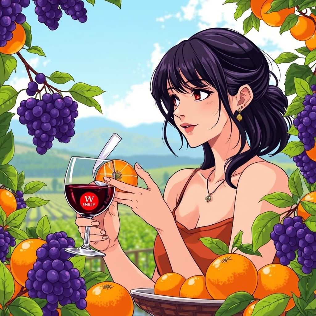 Vibrant Anime Art of a Young Woman Surrounded by Grapes and ...