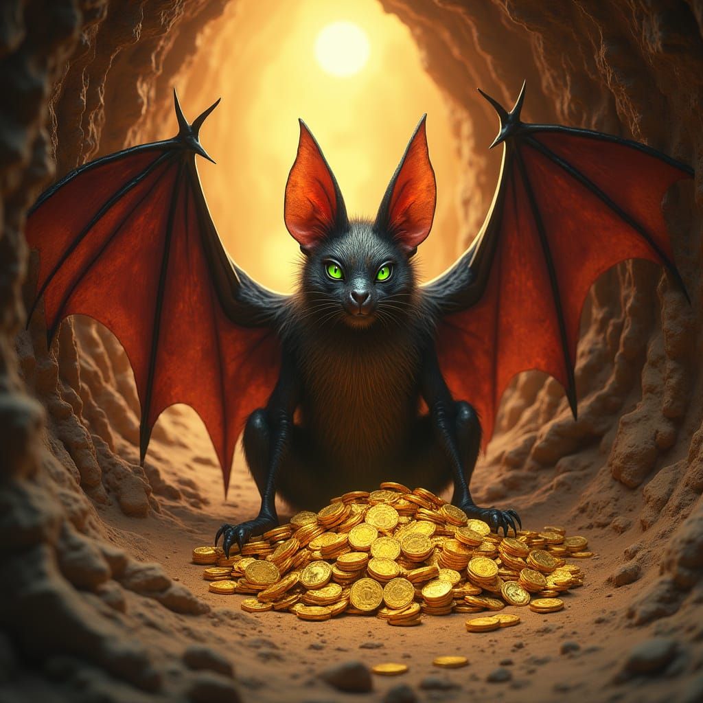 Majestic Desert Bat Surveys Golden Hoard in Ancient Cave