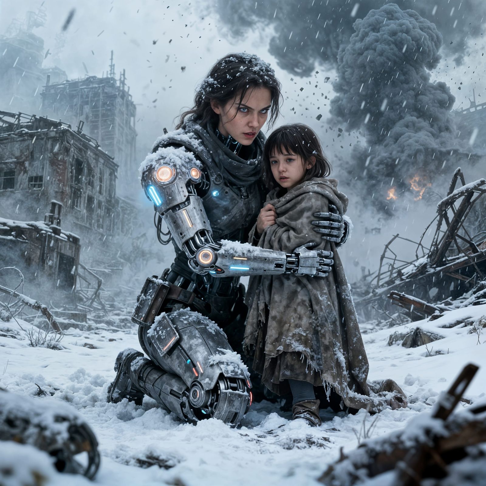 Cybernetic Woman Protects Child in Nuclear Winter