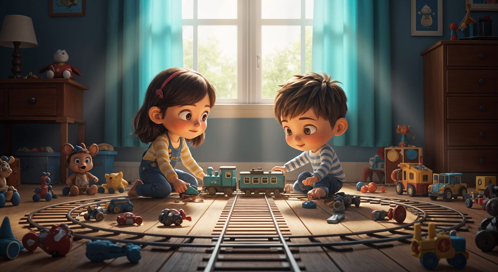 Children Play With Electric Train Set in Pixar Style