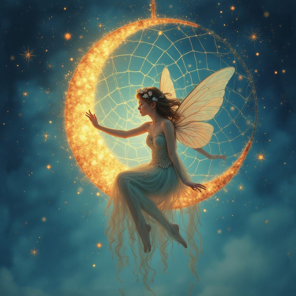 Whimsical Fairy Sits on Dreamcatcher in Pastel Paradise