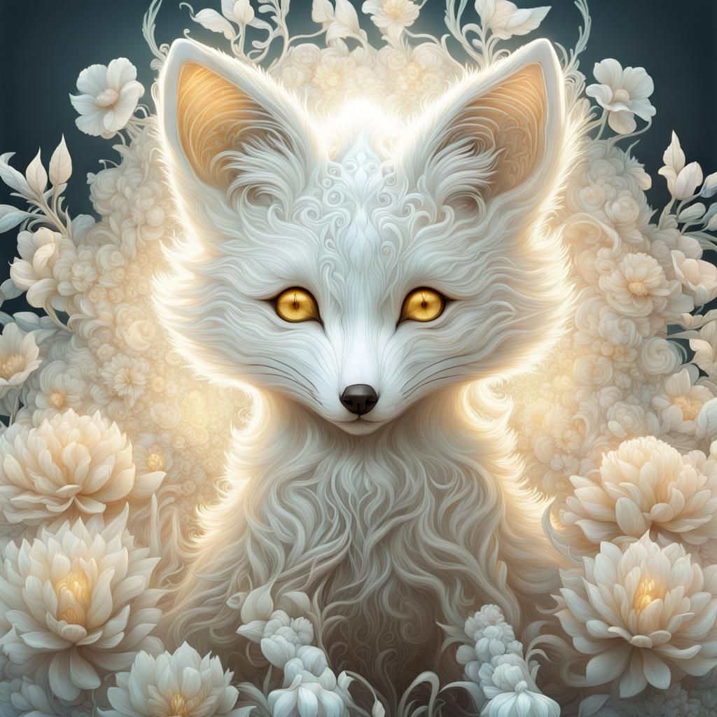 Luminous Fox Cub in Bioluminescent Flower