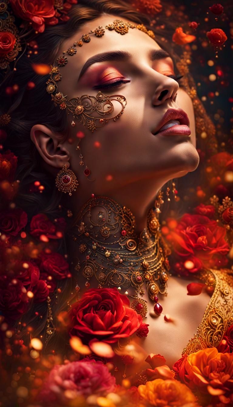 a beautiful conceptual art of an exuberant woman with flowin...