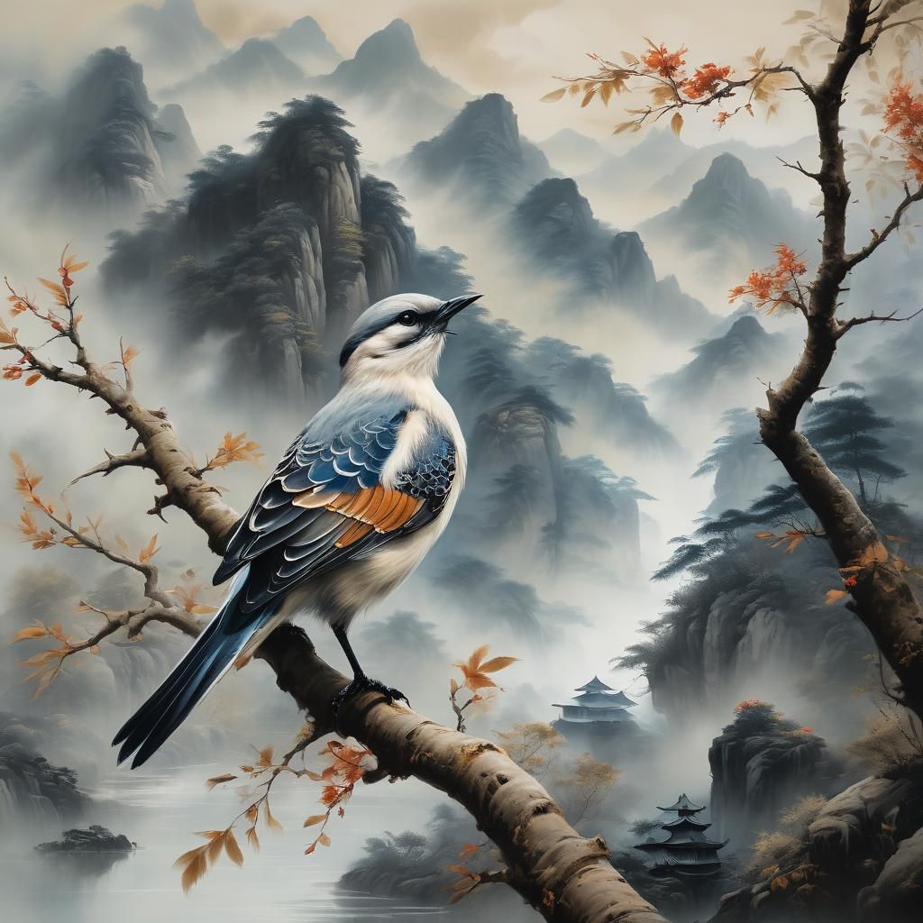 Delicate Bird in Misty Chinese Painting