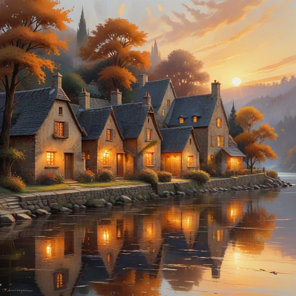 Watercolor Village at Sunset in Impressionistic Style