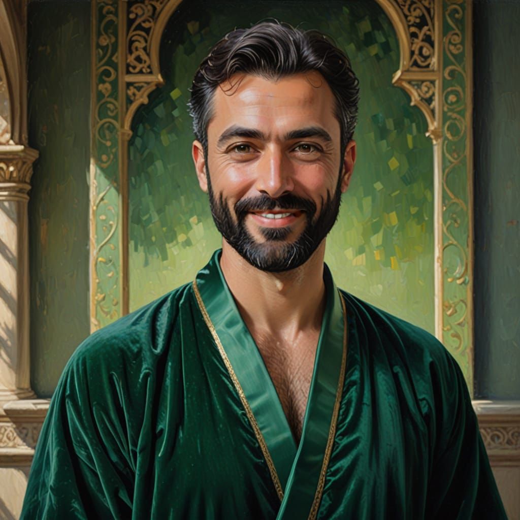 Joyful Turkish Man in Green Robe: Neo-Impressionist Oil Pain...