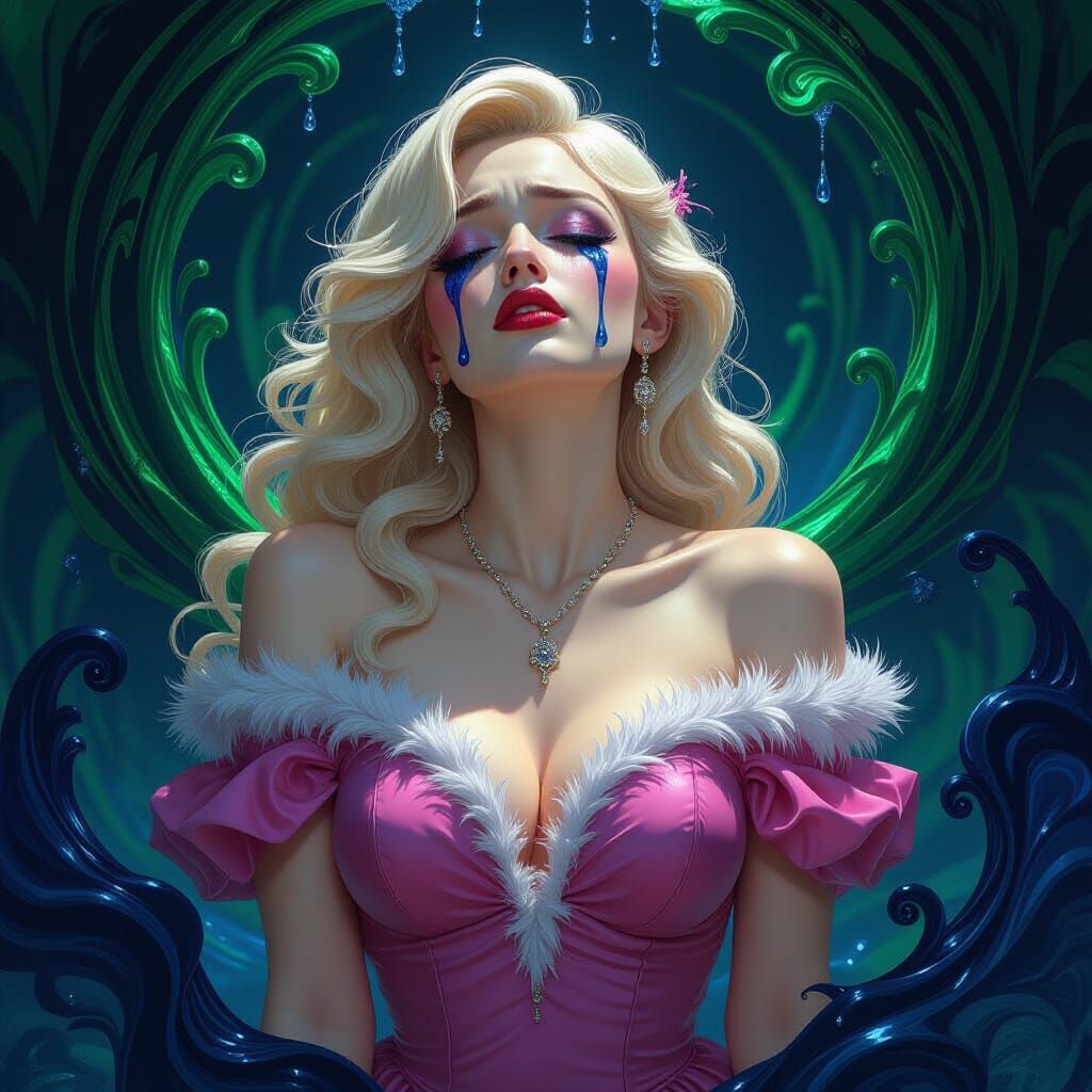 Glass Woman Crying Blue Tears in Swirling Ink