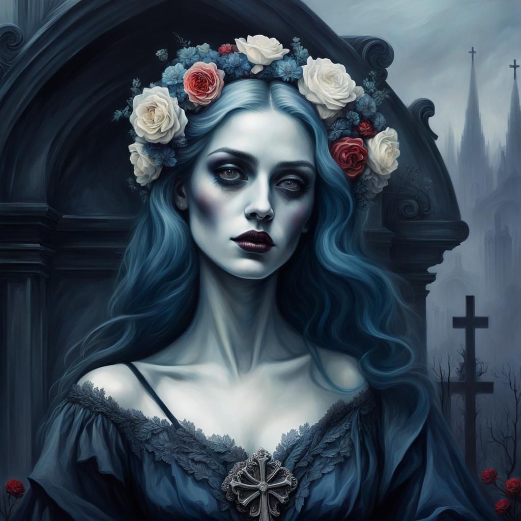 Gothic Graveyard Scene with Woman in Rags