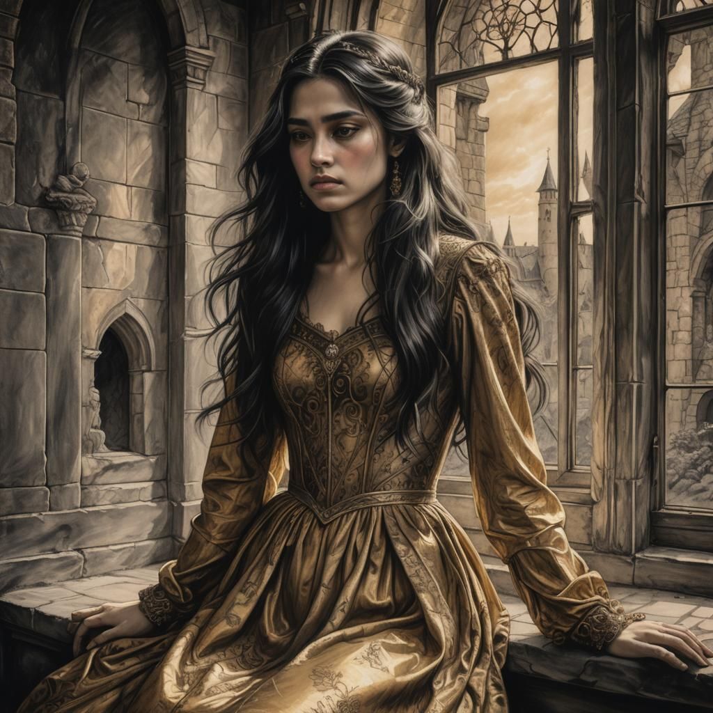 Sad Princess in Dark Castle, Charcoal Drawing