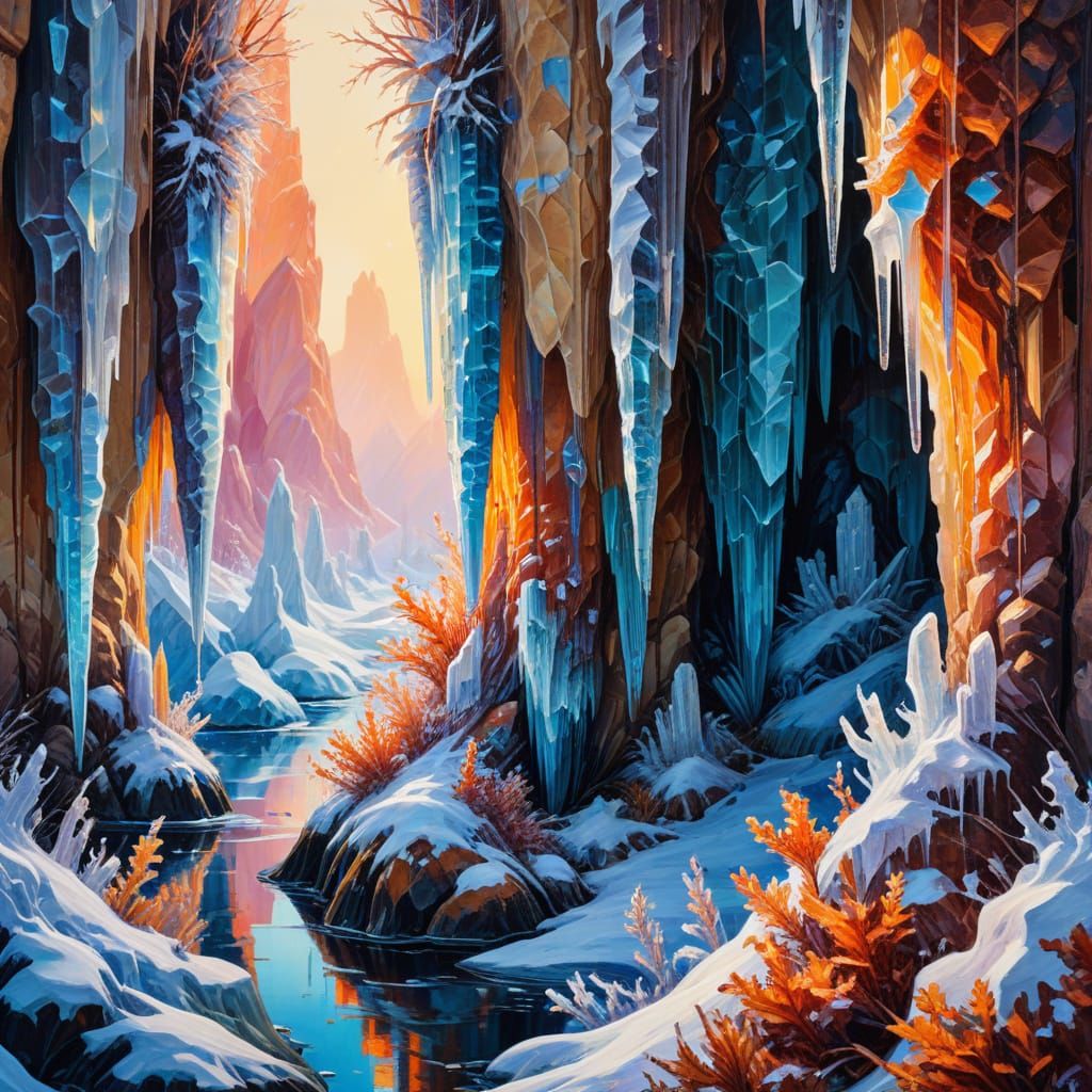 Macro Photograph of Ice Formations in Neo-Impressionism Styl...