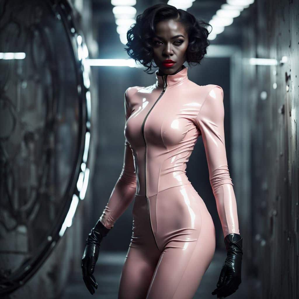 African Woman in Pink Latex Catsuit in Sci-Fi Style